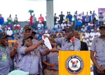 PHOTOS: Gov. Sanwo-Olu at the Workers’ Day Celebration Held at Mobolaji Johnson Arena, Onikan, on Sunday, May 1, 2022