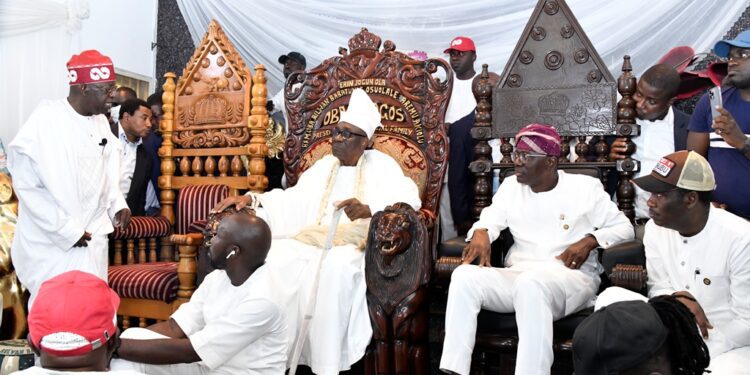 PICTURES: Asiwaju Bola Tinubu Arrives in Lagos, Pays Homage to the Oba of Lagos, Oba Rilwan Akiolu in His Palace, on Sunday, June 19, 2022