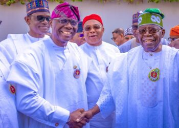 PHOTO NEWS: President Tinubu Congratulates Gov. Sanwo-olu on the Supreme Court’s Affirmation of 2023 Governorship Election Victory at the PGF Meeting on Friday, 12 January, 2024